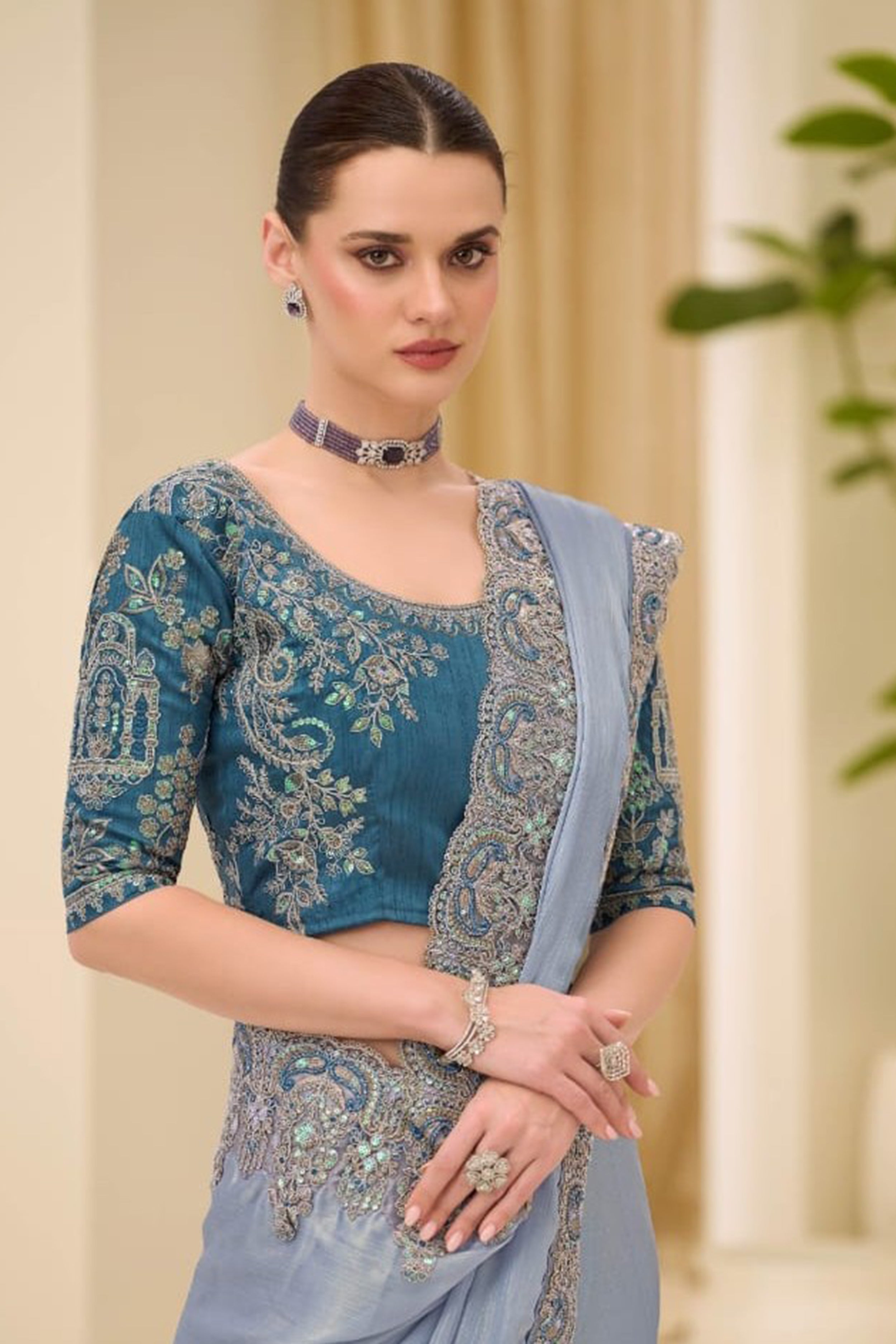 Grey satin saree with resham and sequins With Embroidered Blouse