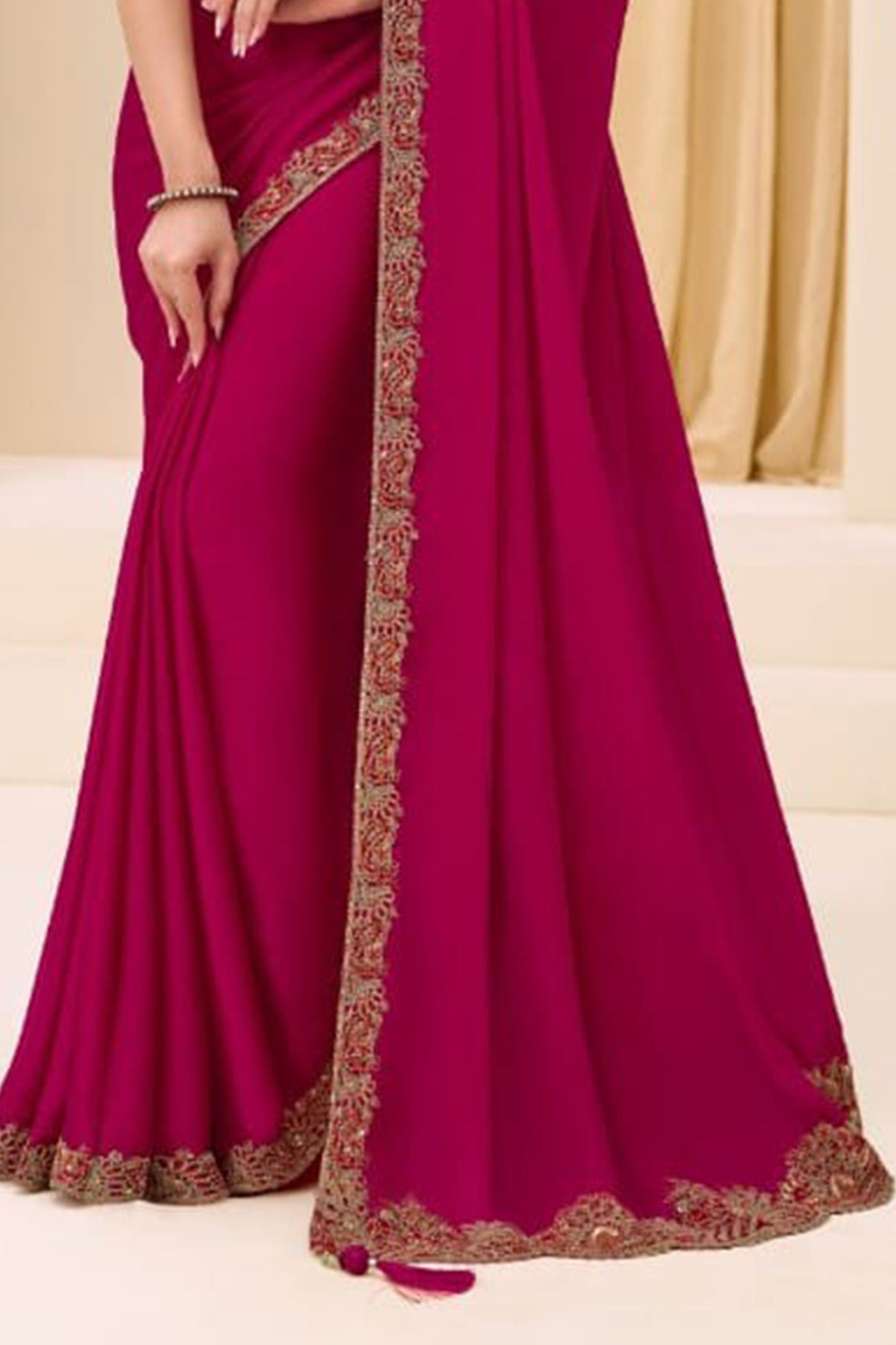 Rani Satin Georgette Border Embroidered Designer Engagement Saree