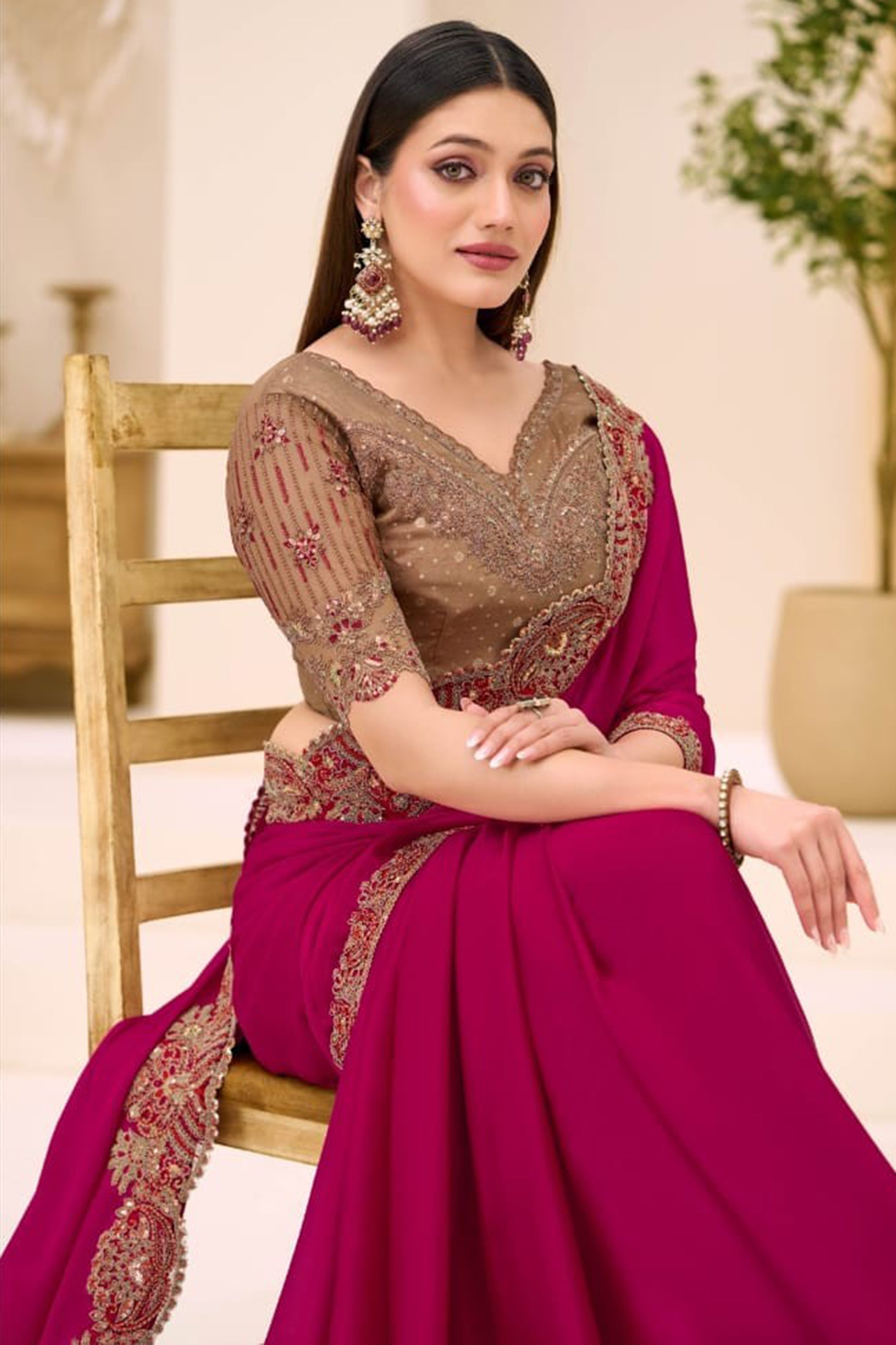 Rani Satin Georgette Border Embroidered Designer Engagement Saree