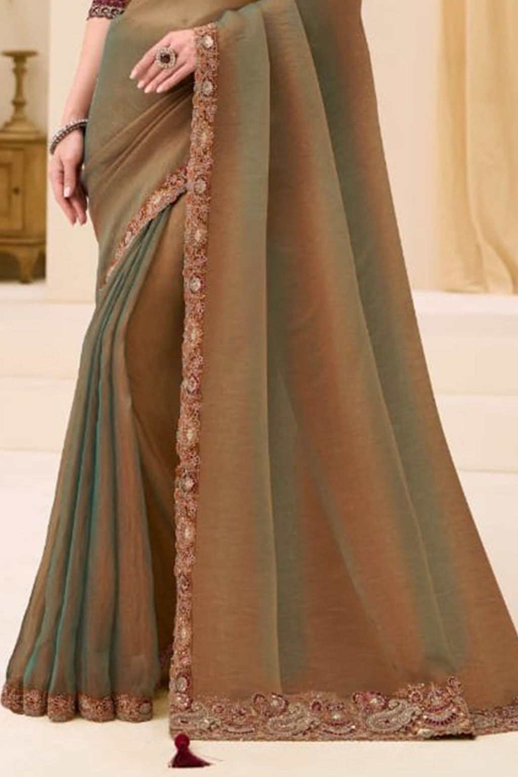 Dual Shade Georgette Tissue Saree with Designer Work Blouse