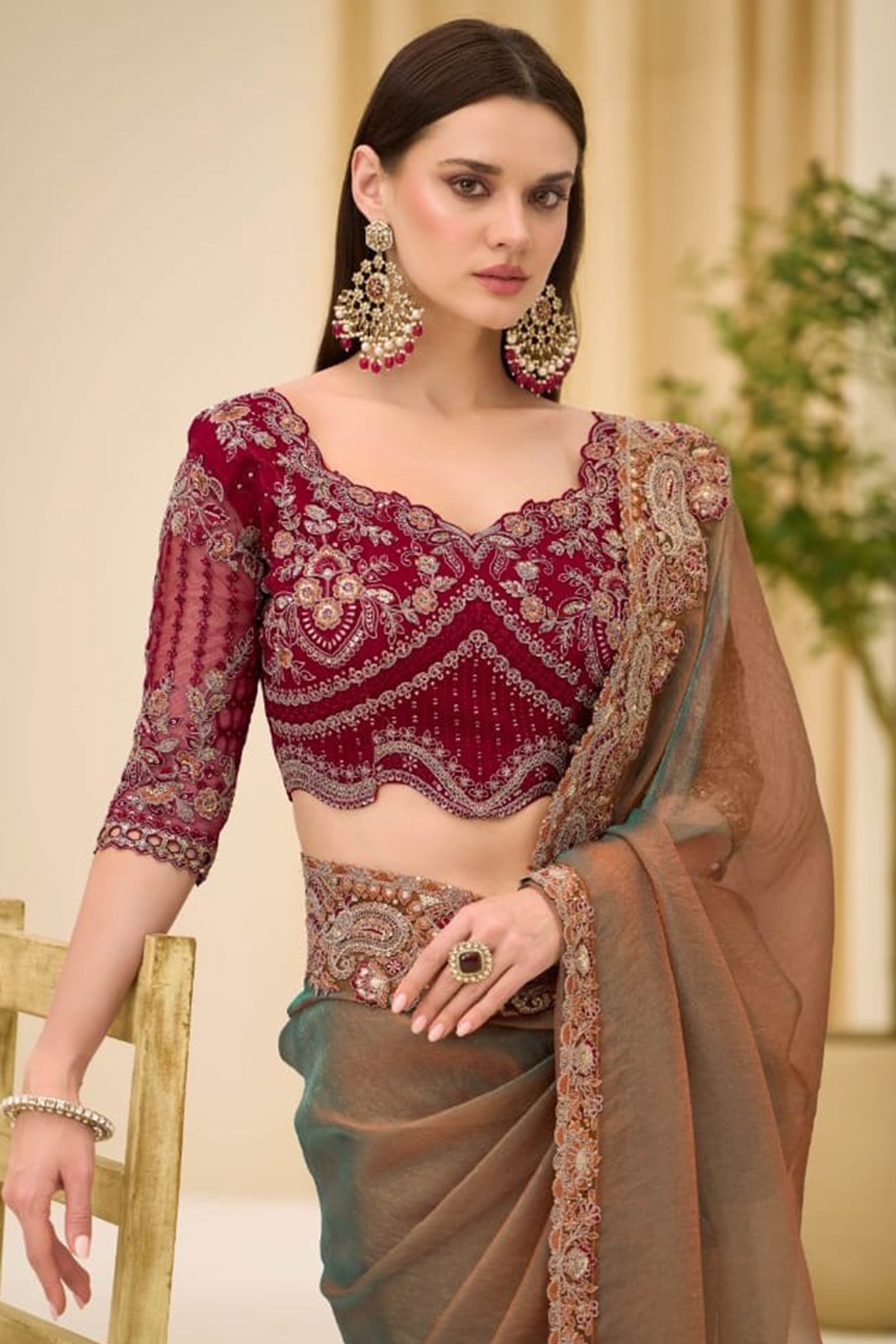 Dual Shade Georgette Tissue Saree with Designer Work Blouse