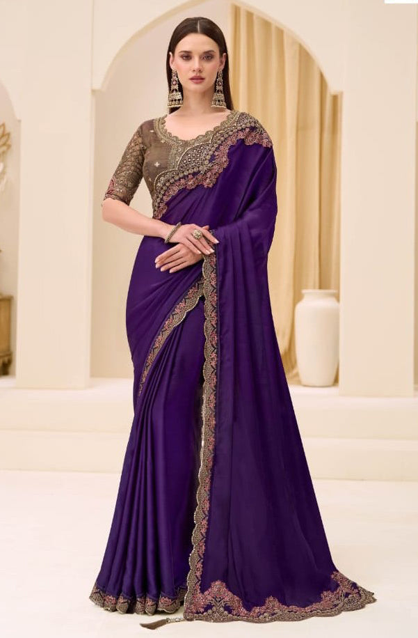 Dark Purple Chiffon Saree With Cutdana Work