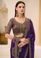 Dark Purple Chiffon Saree With Cutdana Work