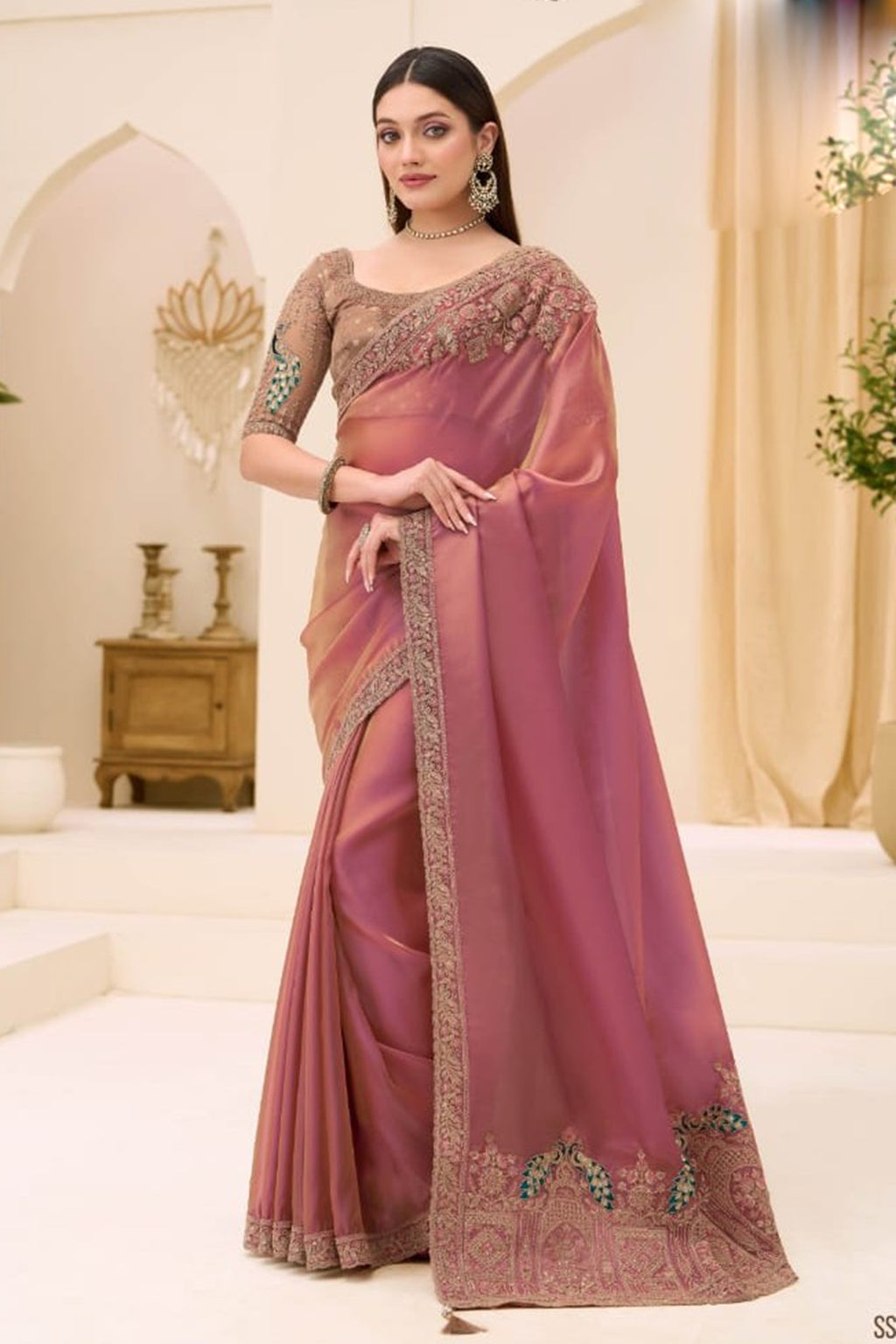Dusty Pink Organza Silk Shimmer Style Saree With Dori Work For Festival