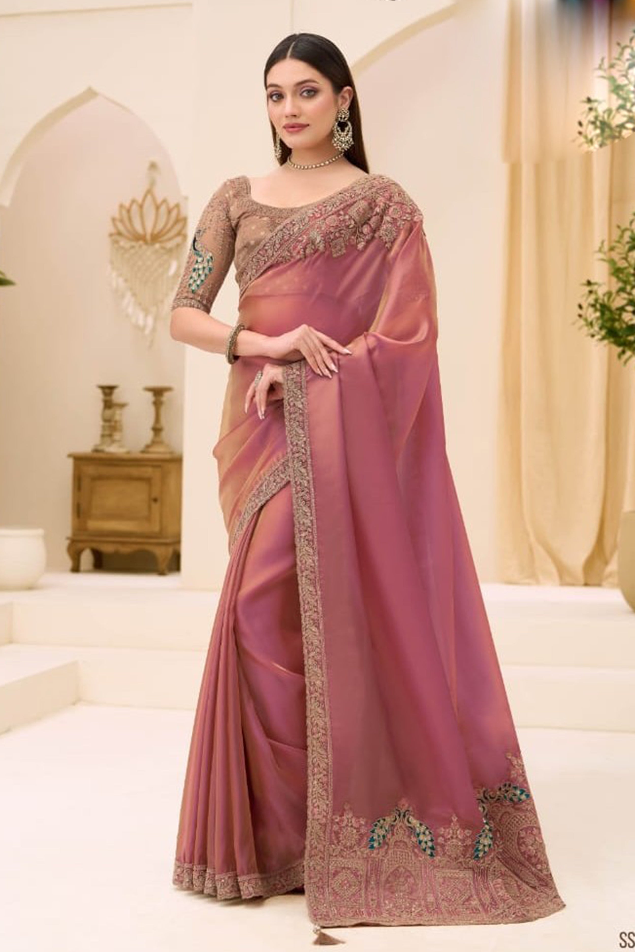 Dusty Pink Organza Silk Shimmer Style Saree With Dori Work For Festival