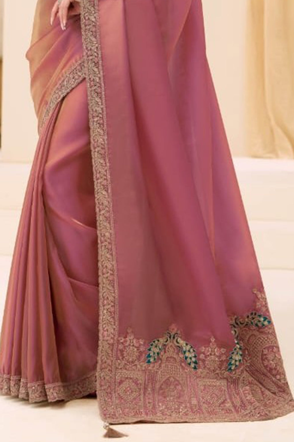 Dusty Pink Organza Silk Shimmer Style Saree With Dori Work For Festival