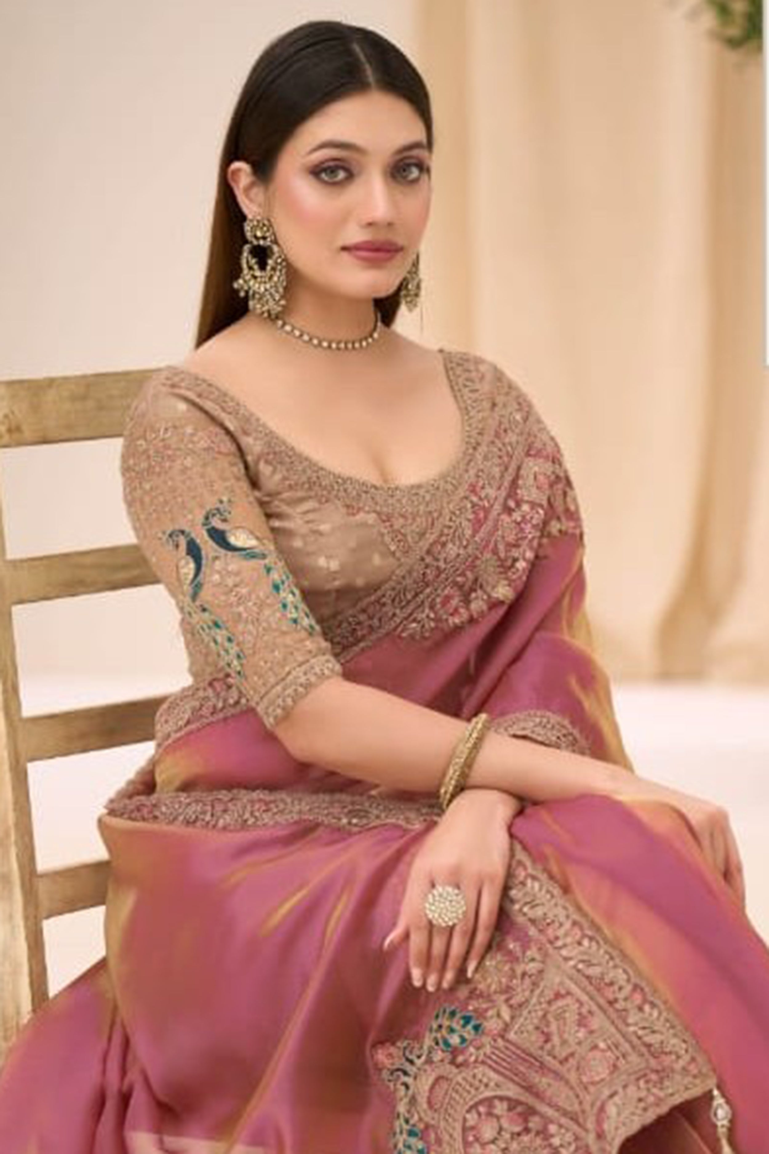 Dusty Pink Organza Silk Shimmer Style Saree With Dori Work For Festival
