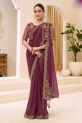 Deep Ruby Purple Ethnic Saree with Thread & Zari Work