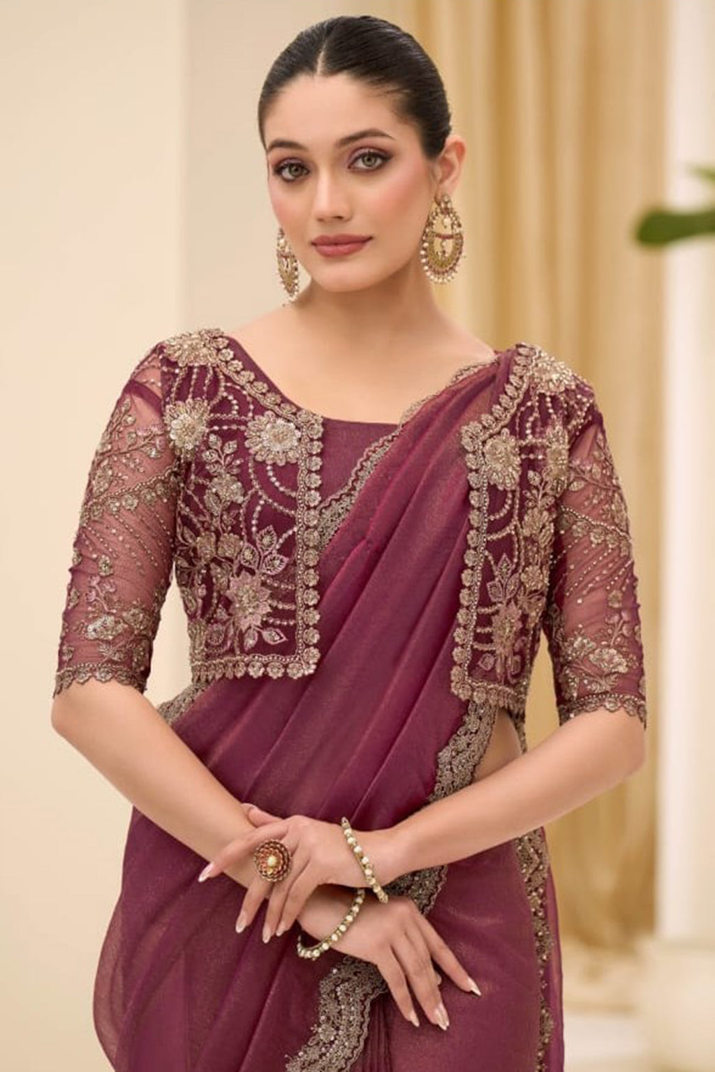 Deep Ruby Purple Ethnic Saree with Thread & Zari Work
