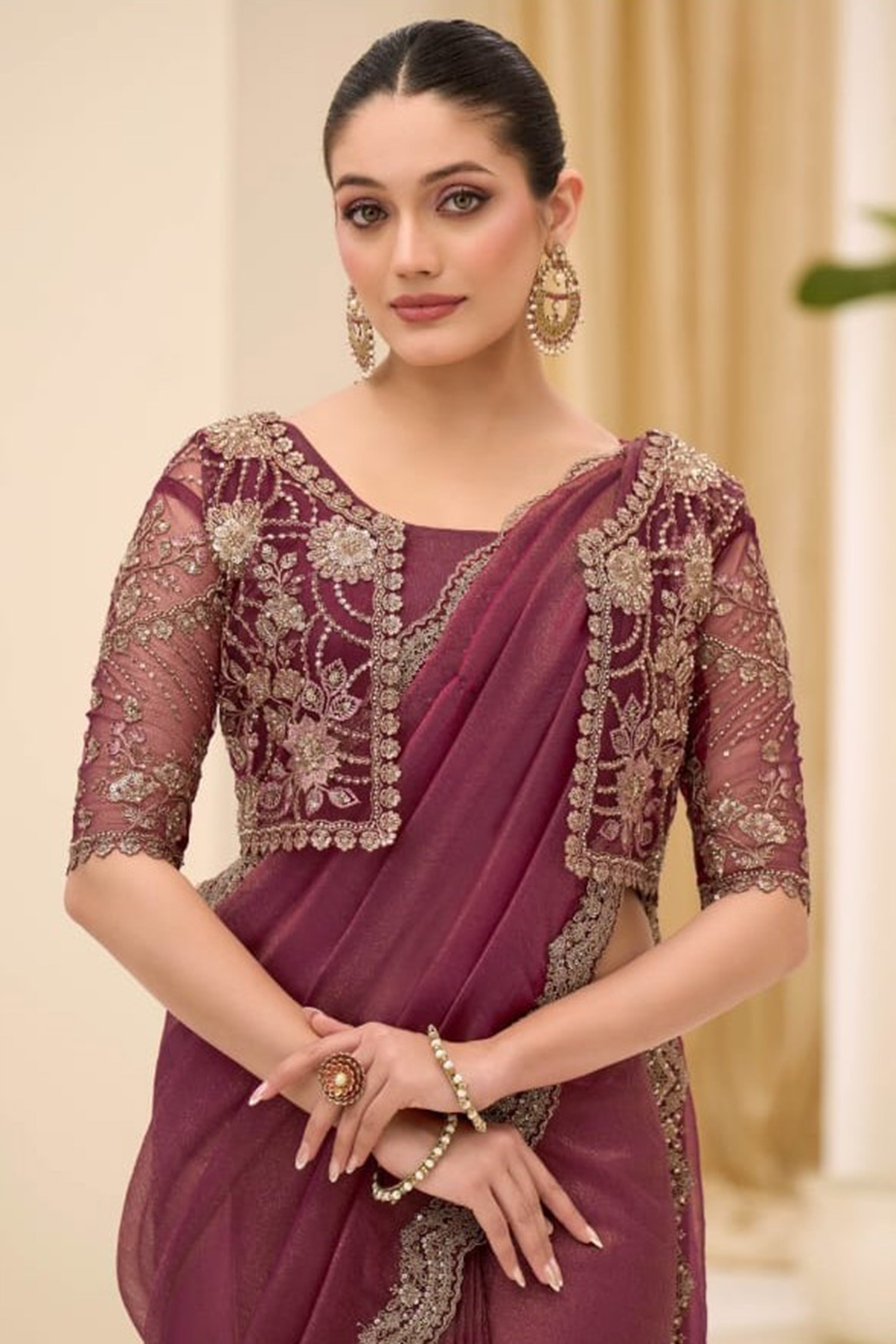 Deep Ruby Purple Ethnic Saree with Thread & Zari Work