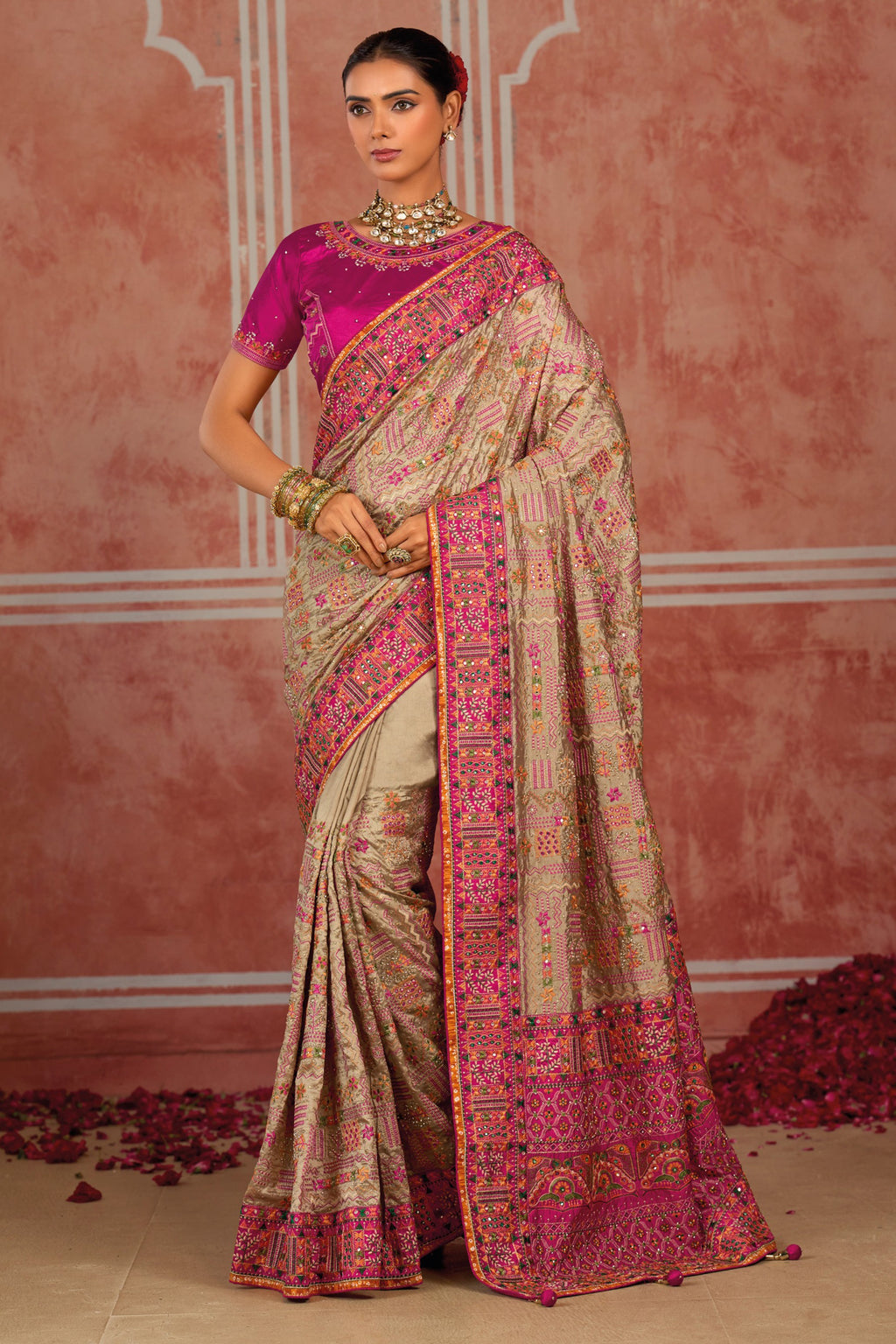 Beige Banaras Silk Saree with Pure Kachhi Work & Diamond & Mirror Heavy Work