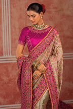 Beige Banaras Silk Saree with Pure Kachhi Work & Diamond & Mirror Heavy Work