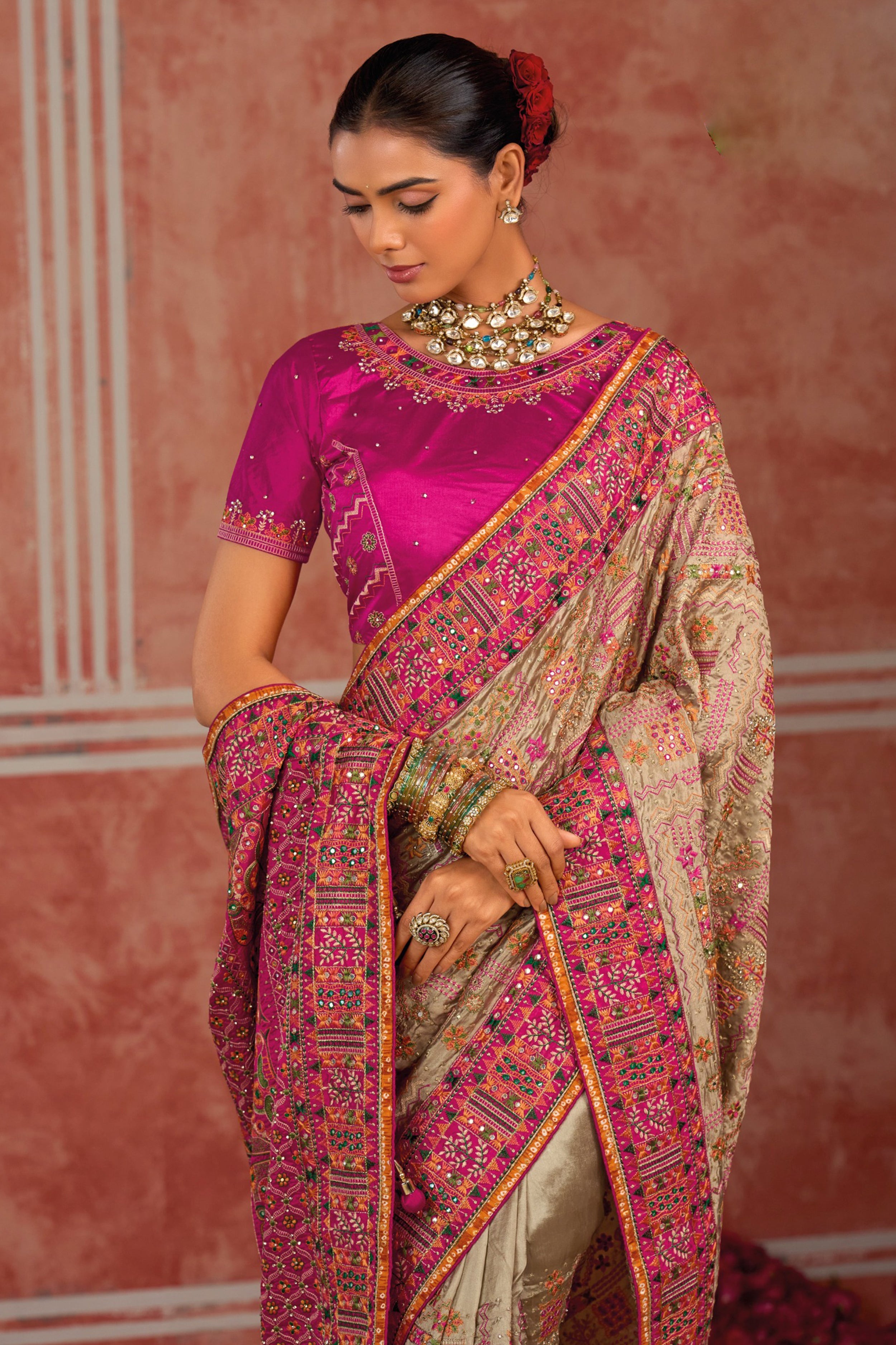 Beige Banaras Silk Saree with Pure Kachhi Work & Diamond & Mirror Heavy Work