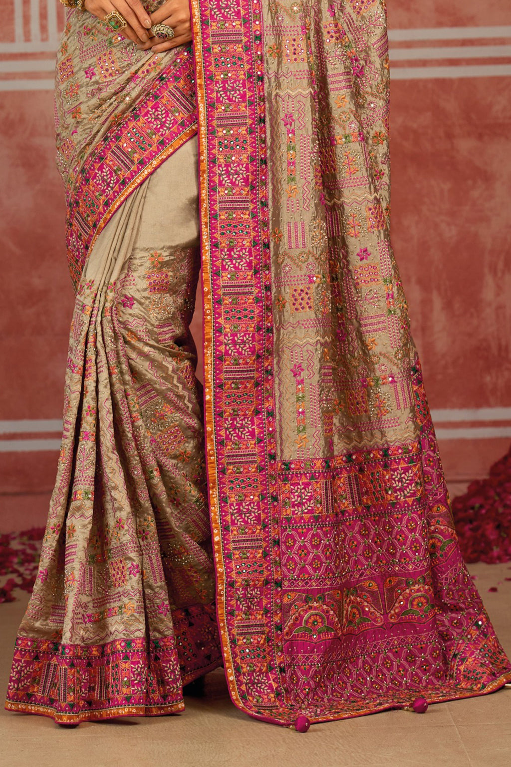 Beige Banaras Silk Saree with Pure Kachhi Work & Diamond & Mirror Heavy Work