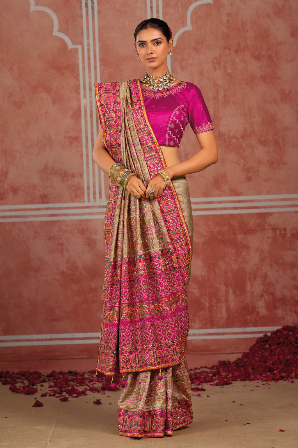 Beige Banaras Silk Saree with Pure Kachhi Work & Diamond & Mirror Heavy Work