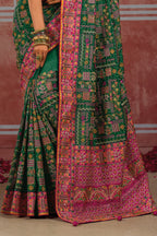 Dark Green Banaras Silk Saree with Pure Kachhi Work & Diamond & Mirror Heavy Work