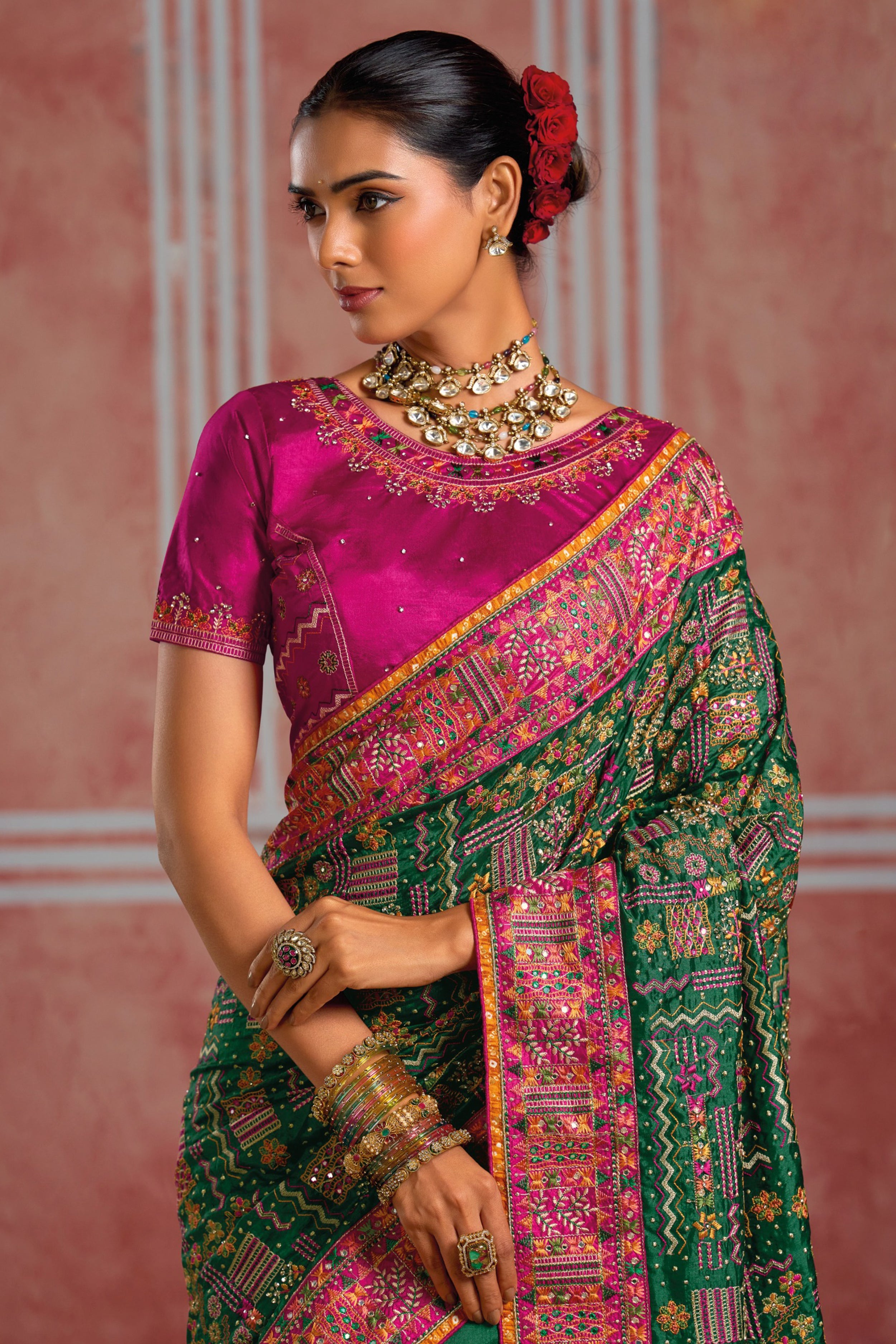 Dark Green Banaras Silk Saree with Pure Kachhi Work & Diamond & Mirror Heavy Work