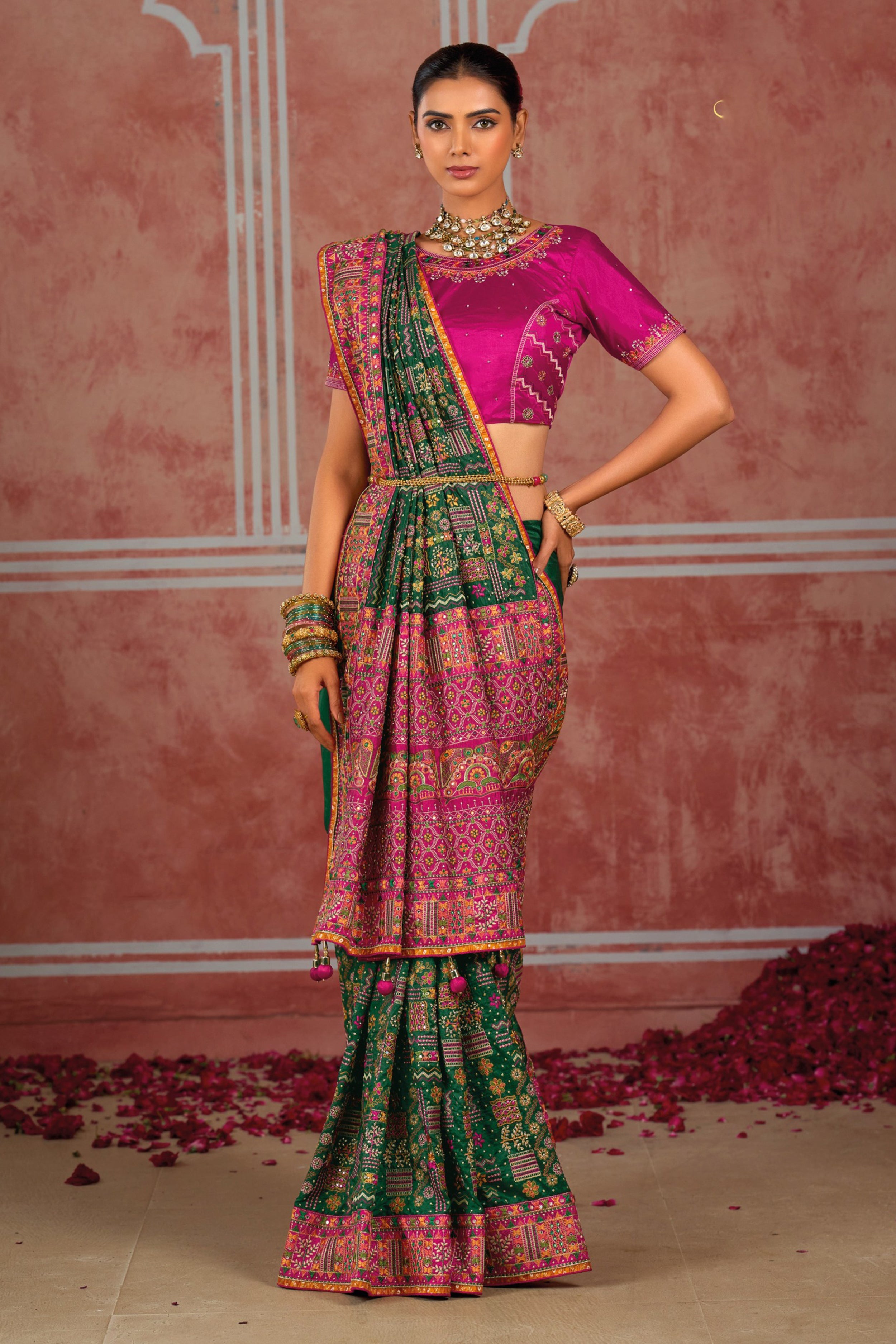 Dark Green Banaras Silk Saree with Pure Kachhi Work & Diamond & Mirror Heavy Work