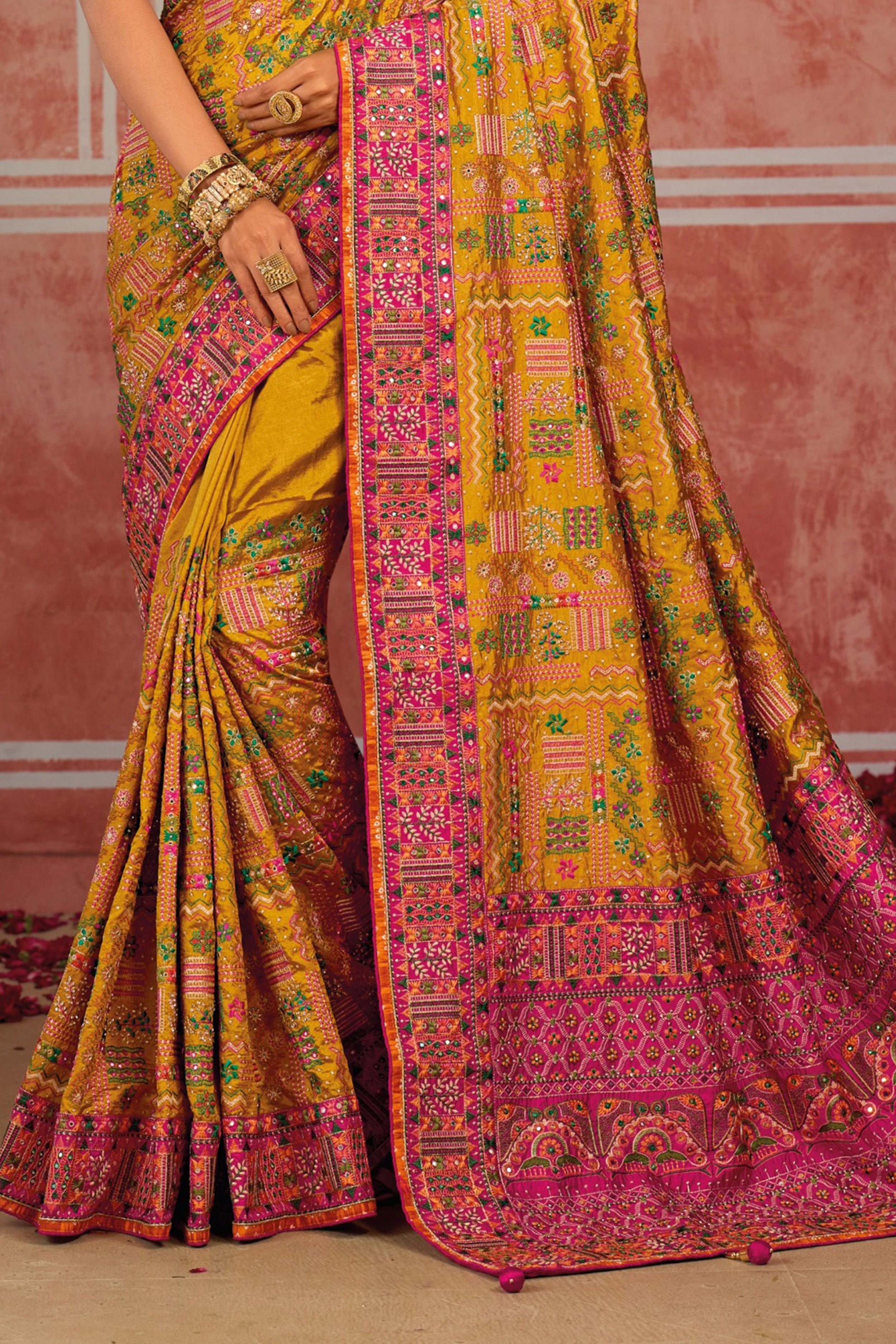 Mustard Banaras Silk Saree with Pure Kachhi Work & Diamond & Mirror Heavy Work