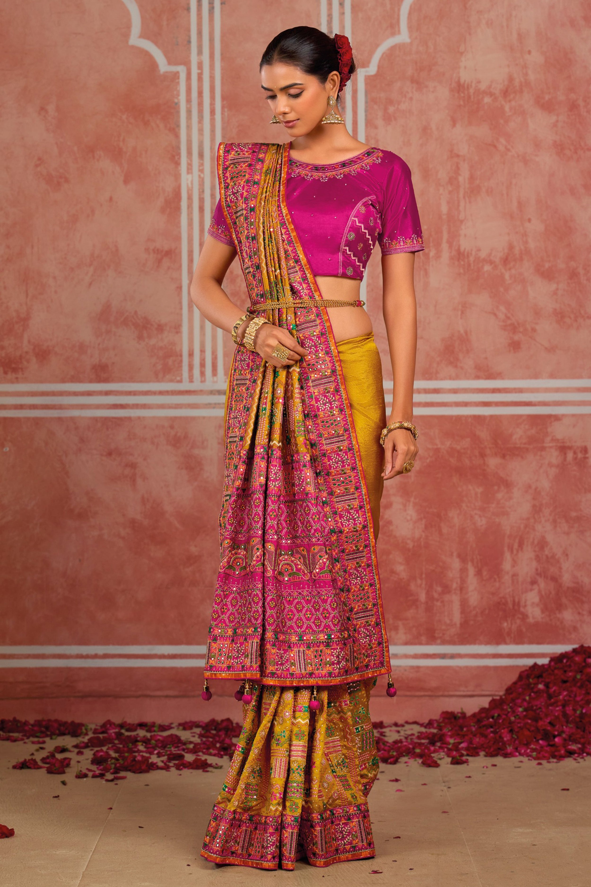 Mustard Banaras Silk Saree with Pure Kachhi Work & Diamond & Mirror Heavy Work