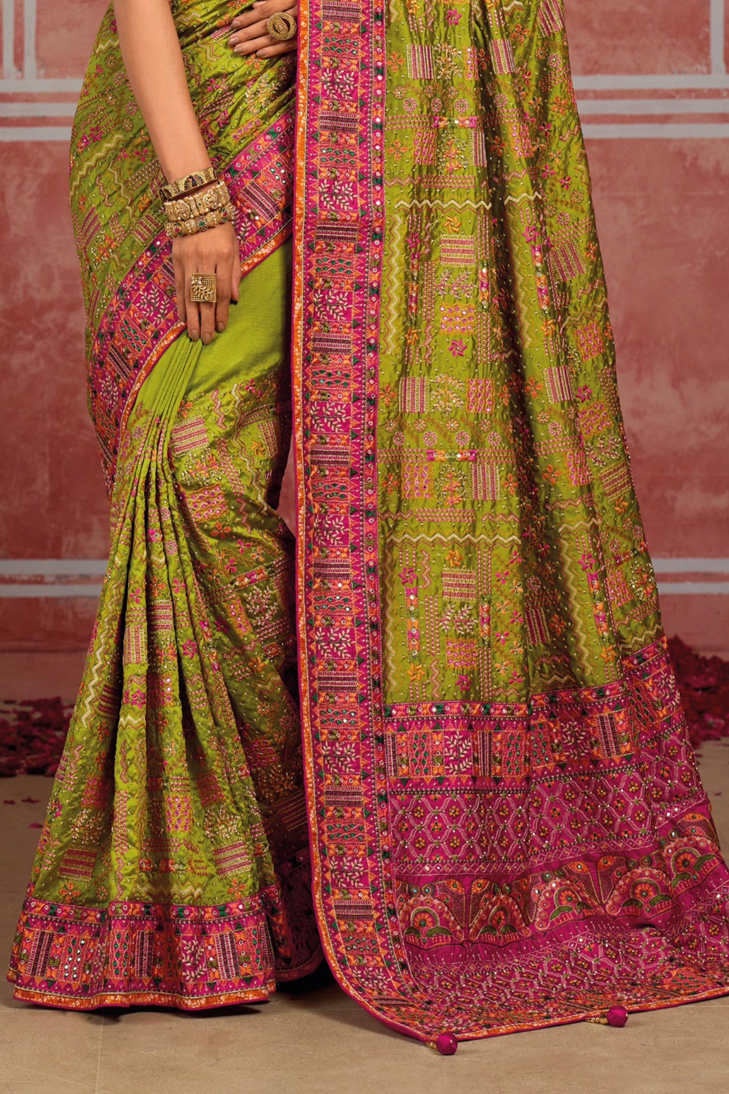Light Green Banaras Silk Saree with Pure Kachhi Work & Diamond & Mirror Heavy Work
