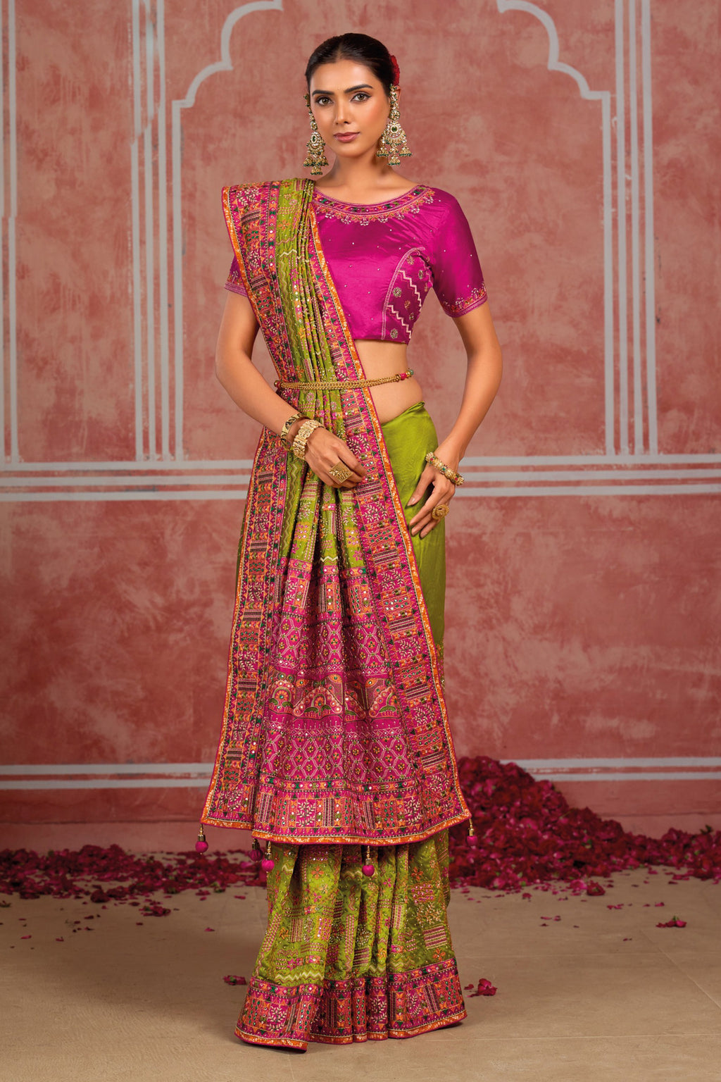 Light Green Banaras Silk Saree with Pure Kachhi Work & Diamond & Mirror Heavy Work