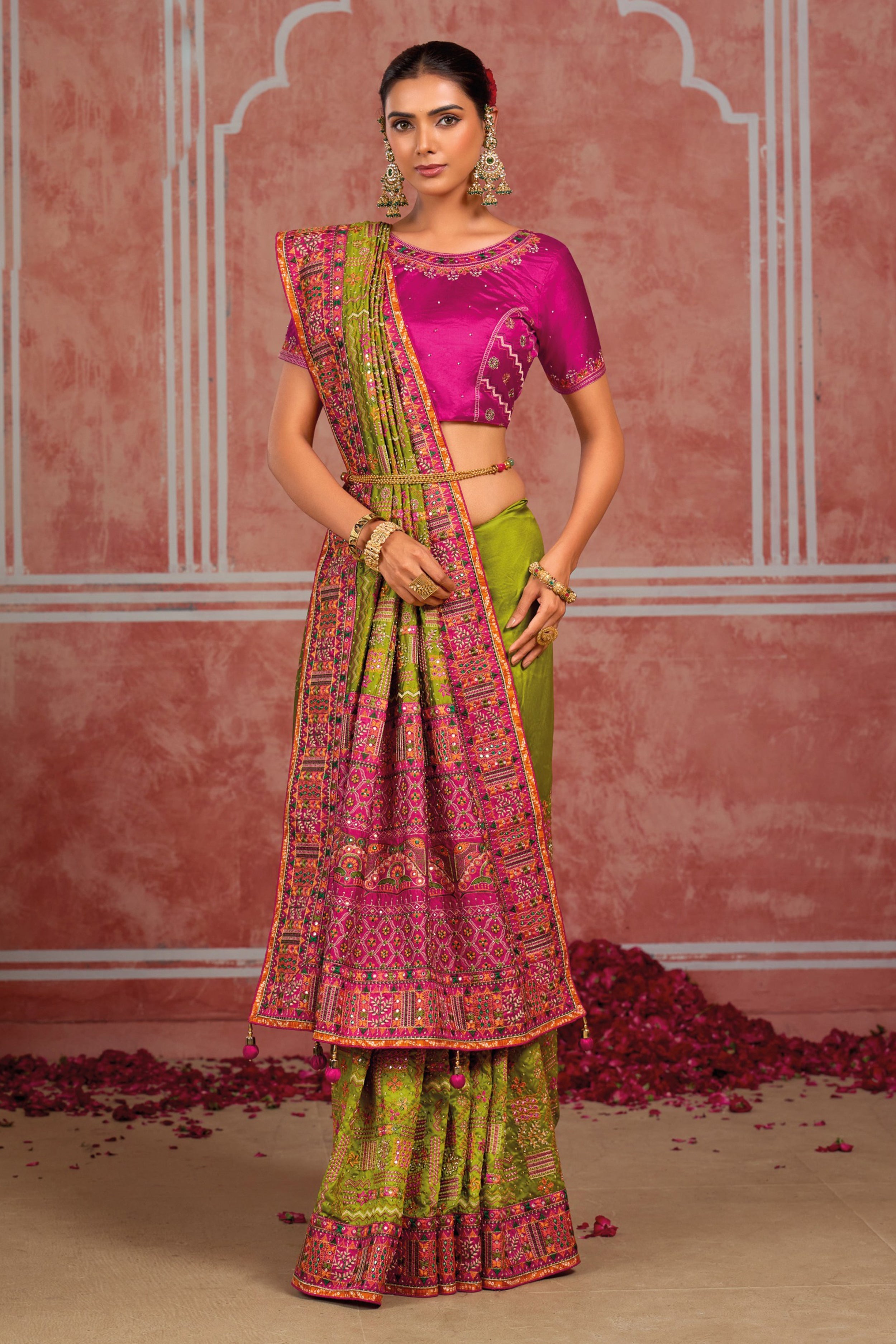 Light Green Banaras Silk Saree with Pure Kachhi Work & Diamond & Mirror Heavy Work