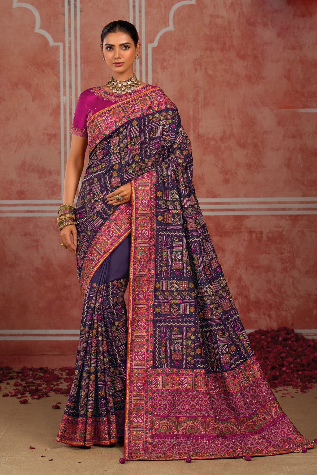 Purple Banaras Silk Saree with Pure Kachhi Work & Diamond & Mirror Heavy Work