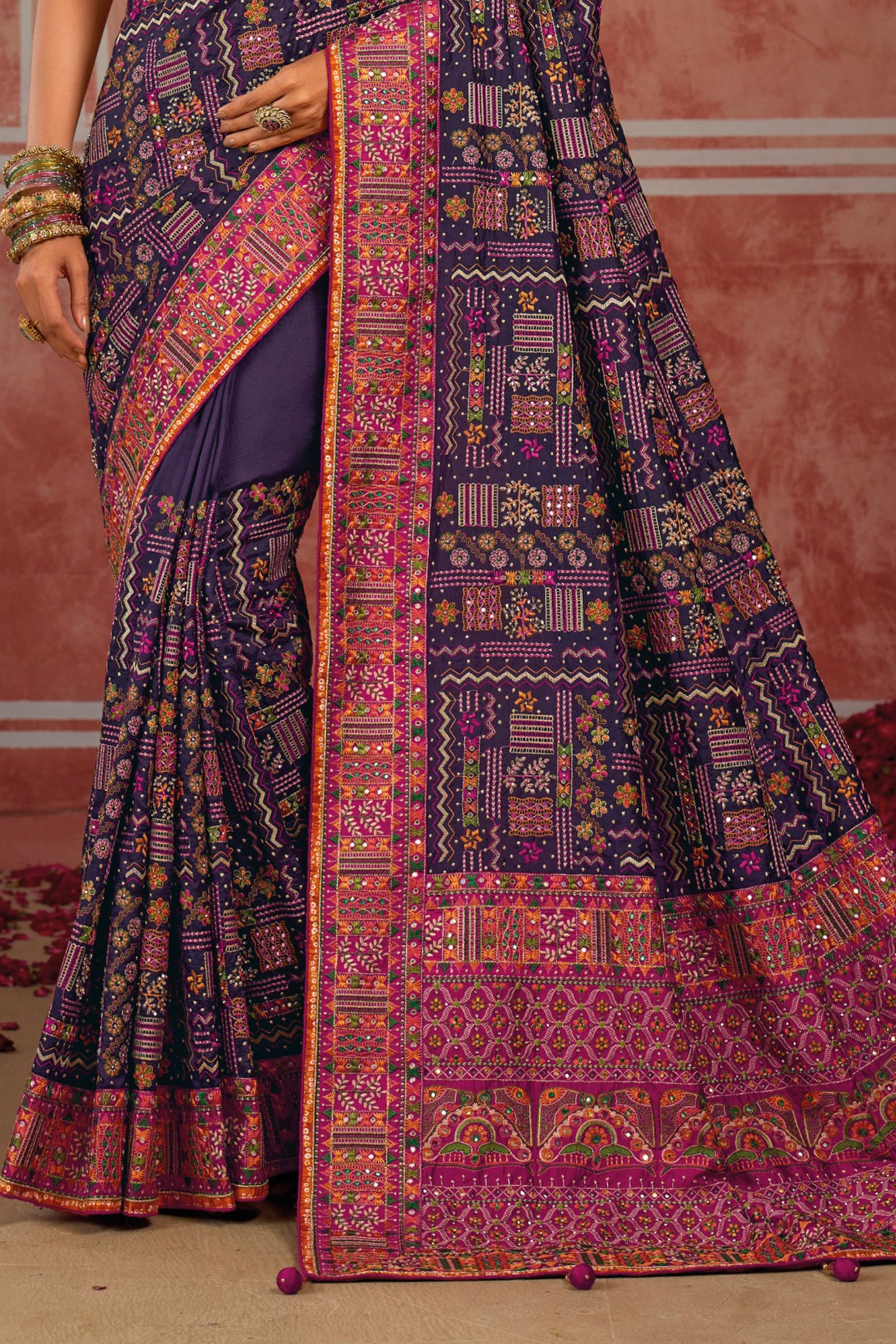 Purple Banaras Silk Saree with Pure Kachhi Work & Diamond & Mirror Heavy Work