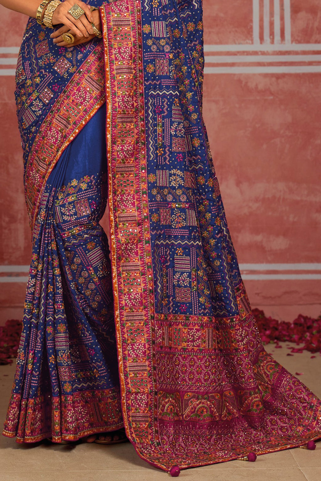 Royal Blue Banaras Silk Saree with Pure Kachhi Work & Diamond & Mirror Heavy Work
