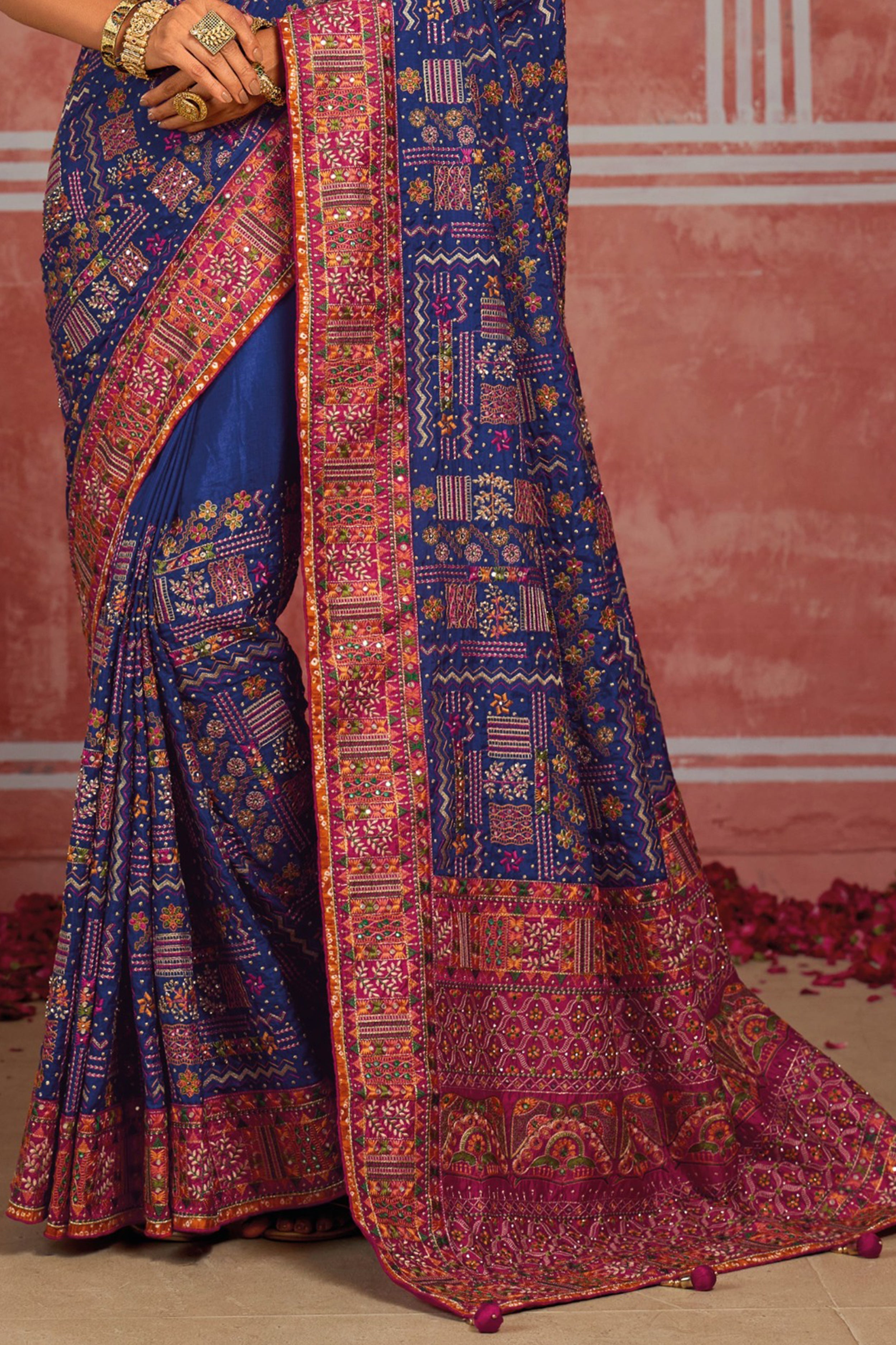 Royal Blue Banaras Silk Saree with Pure Kachhi Work & Diamond & Mirror Heavy Work