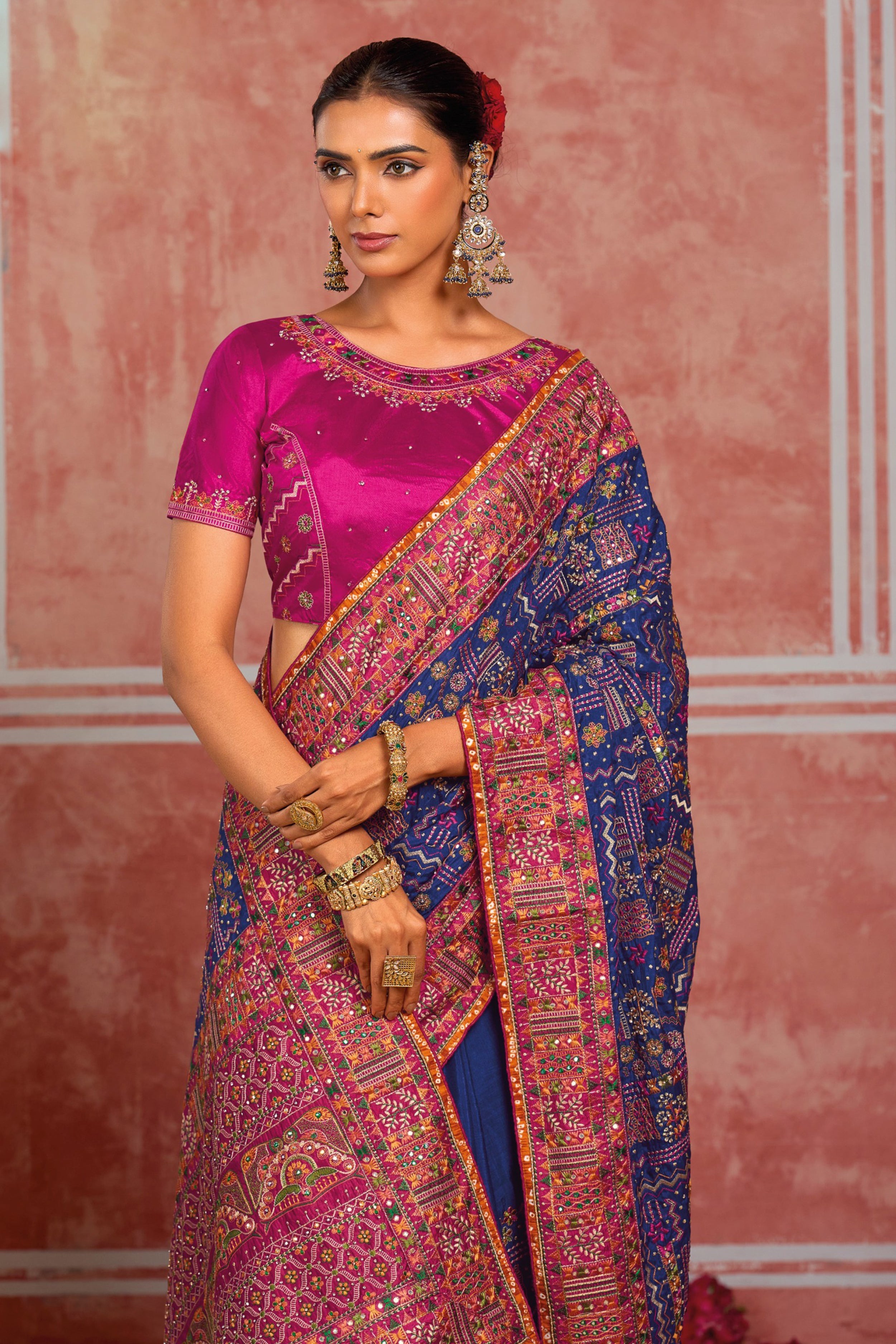 Royal Blue Banaras Silk Saree with Pure Kachhi Work & Diamond & Mirror Heavy Work