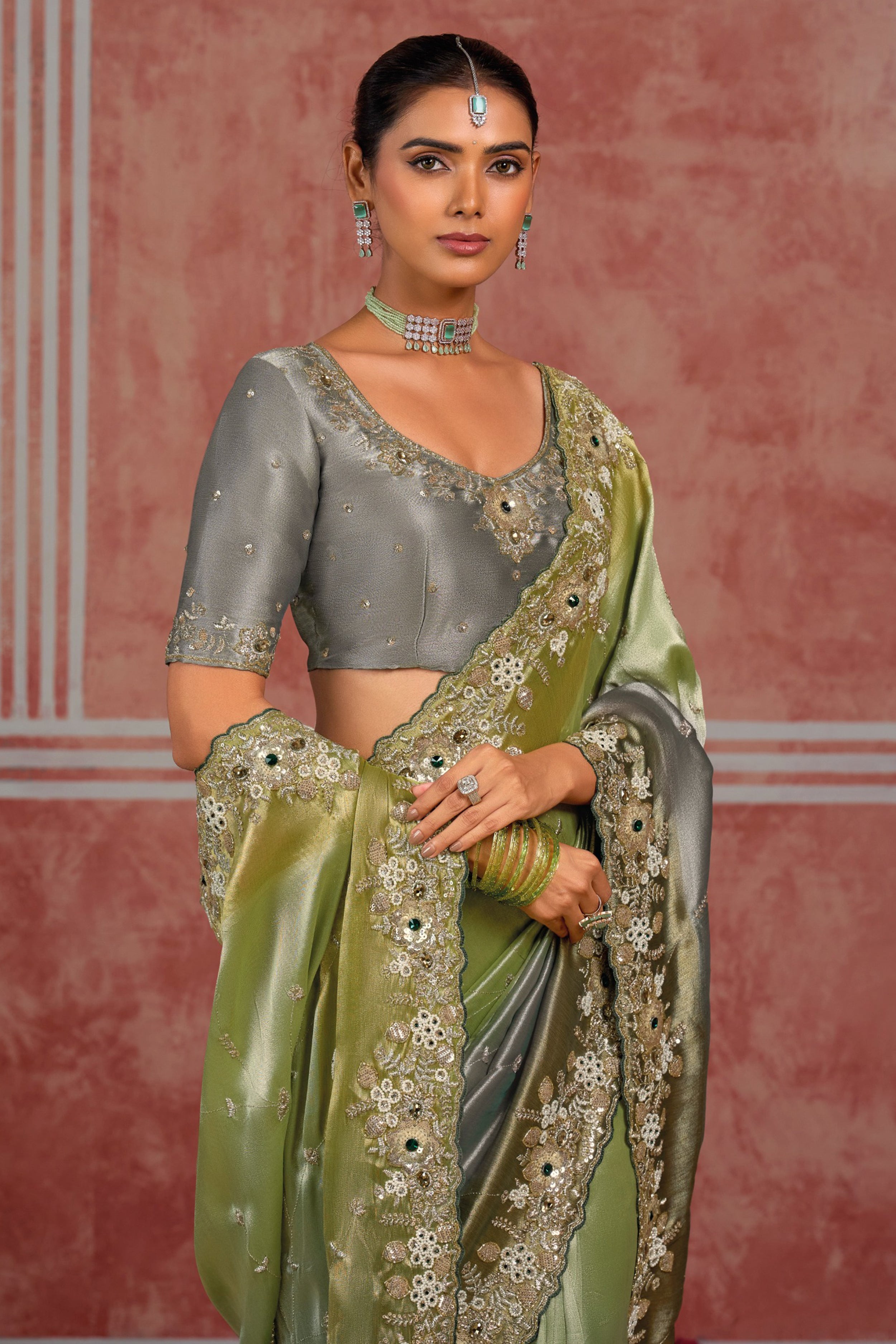 Golden Green With Grey Tissue Embroidered Wedding Wear Saree