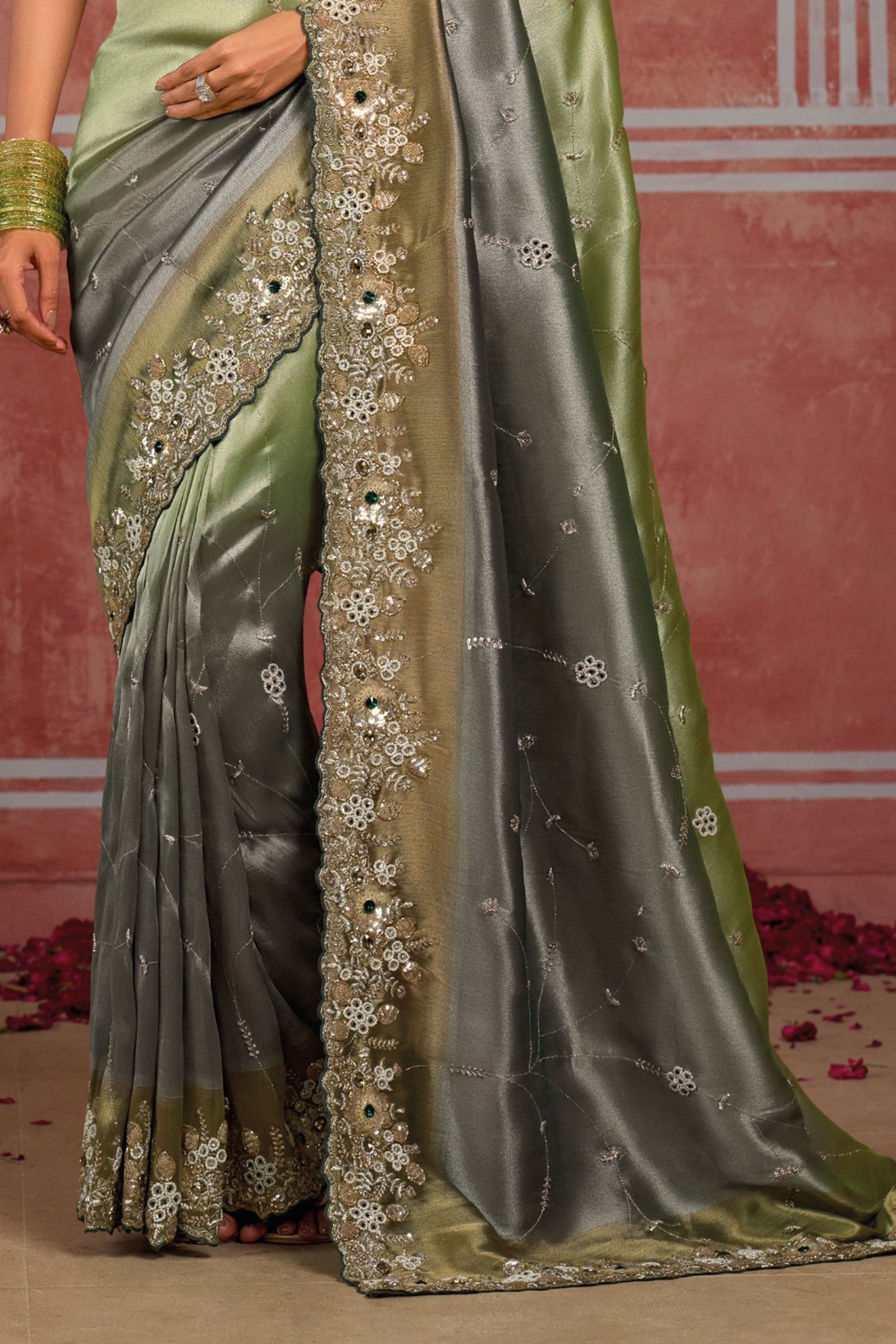 Golden Green With Grey Tissue Embroidered Wedding Wear Saree