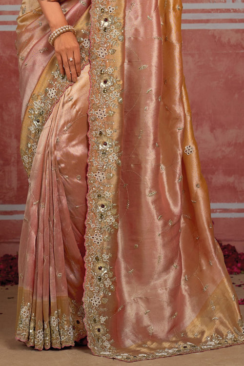 Baby Pink With Orange Tissue Embroidered Wedding Wear Saree