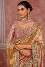 Baby Pink With Orange Tissue Embroidered Wedding Wear Saree