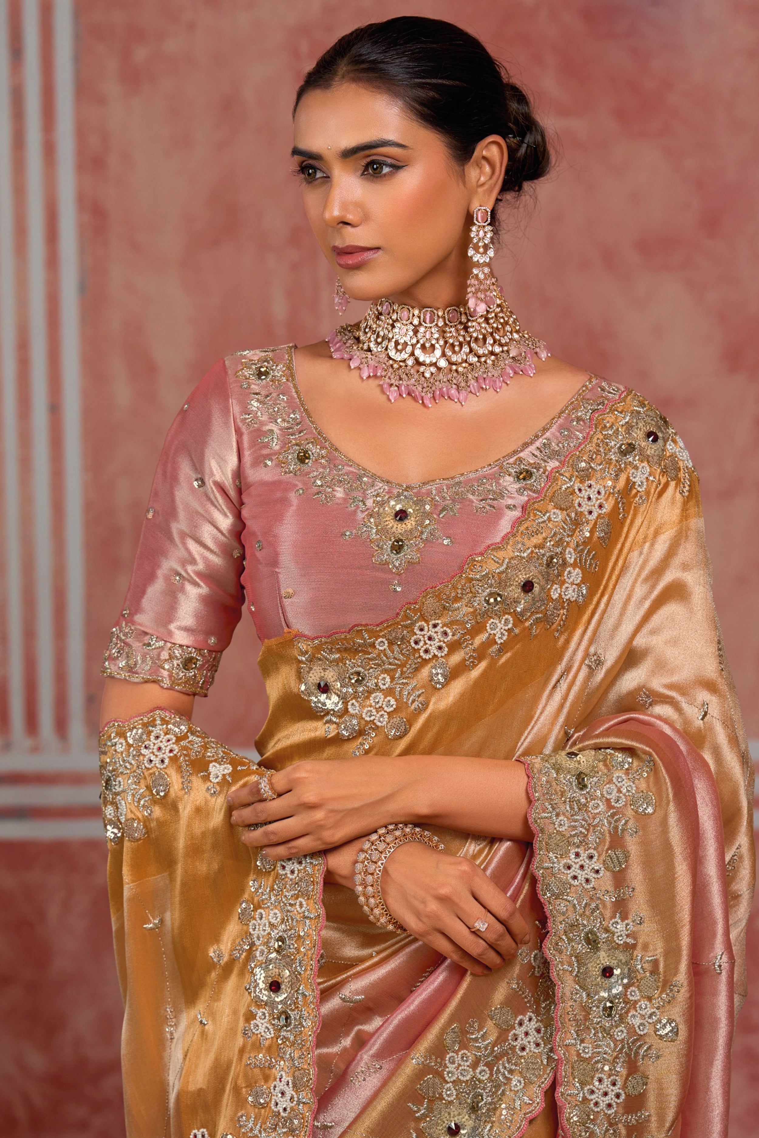 Baby Pink With Orange Tissue Embroidered Wedding Wear Saree