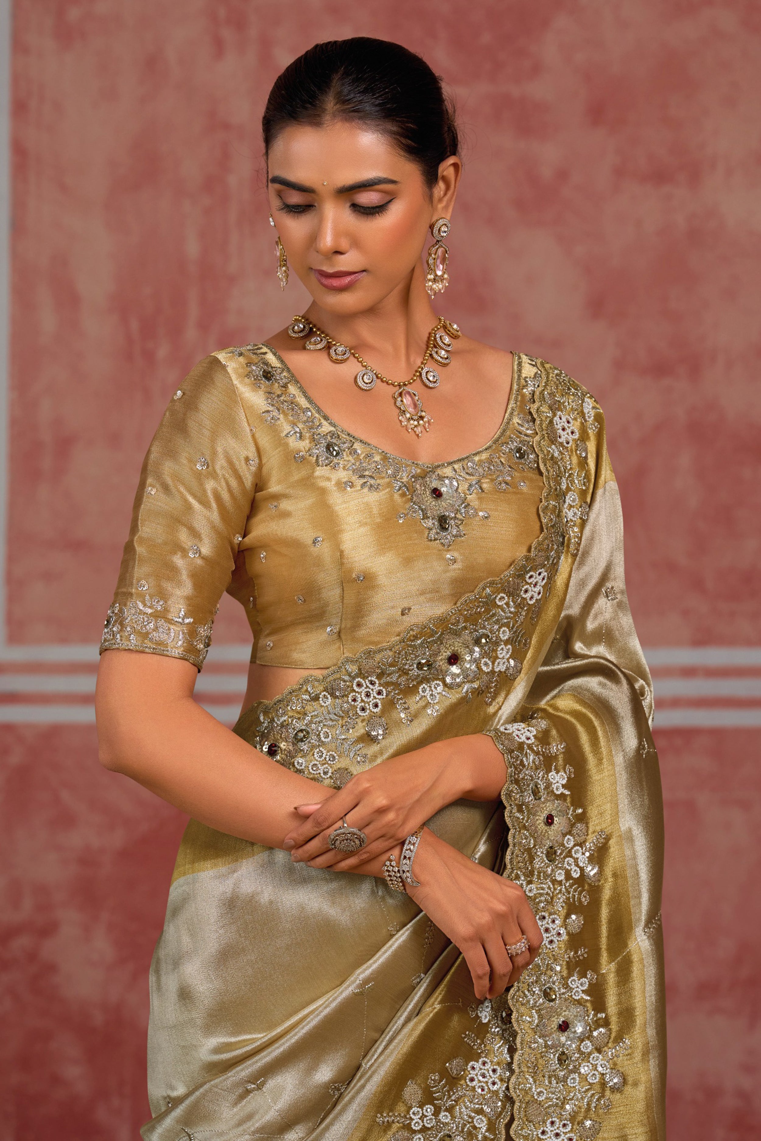 Golden and Mustard Tissue Embroidered Wedding Wear Saree