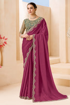 Wine Georgette Saree With Embroidered Blouse