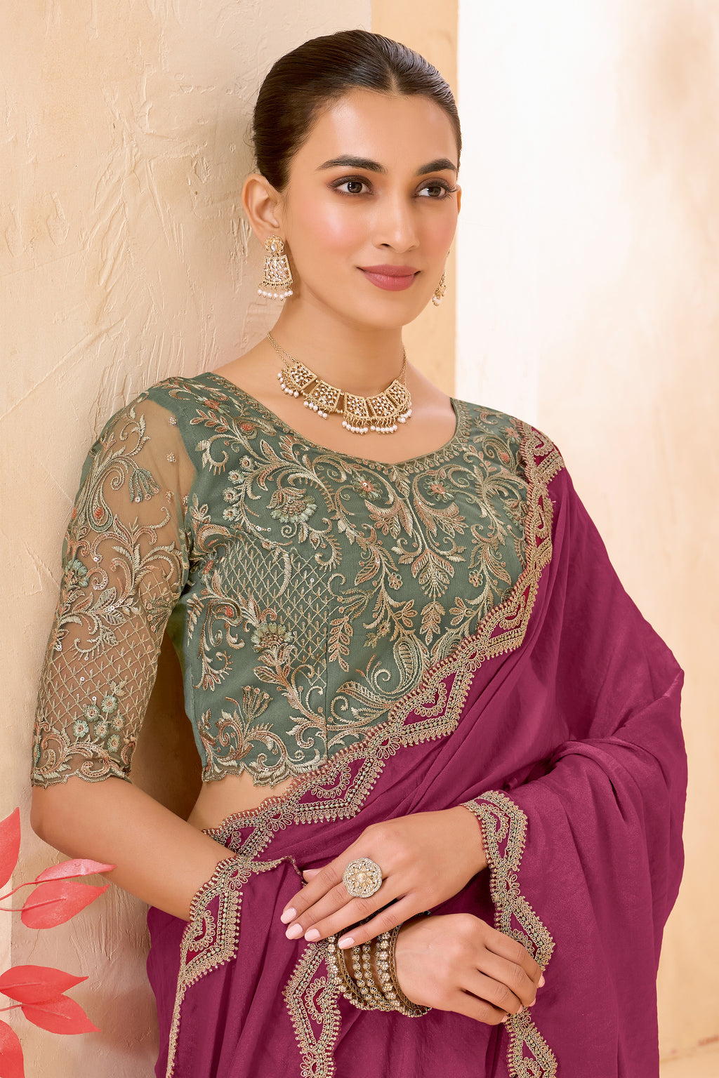 Wine Georgette Saree With Embroidered Blouse