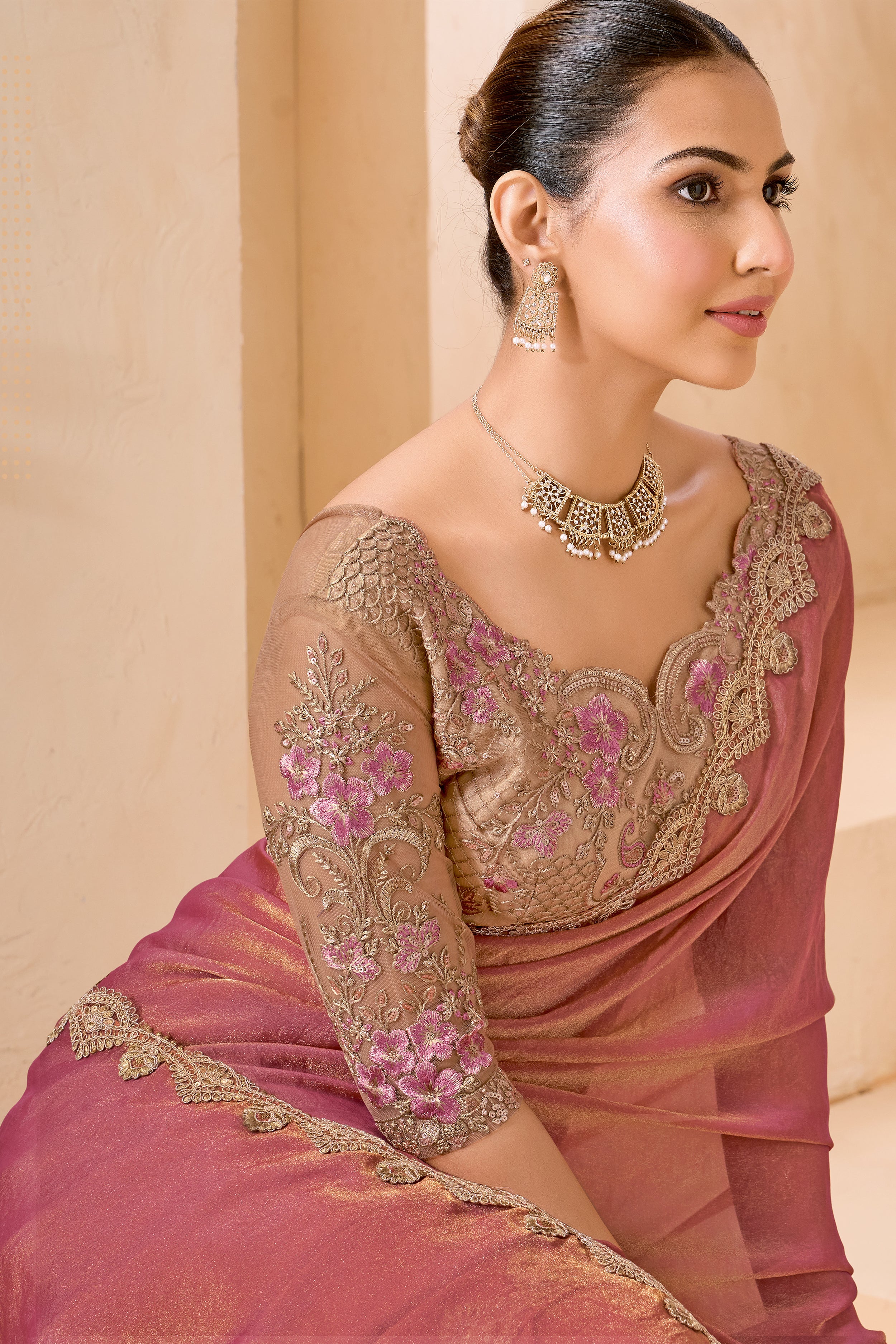 Dual Tone Pink Saree With Floral Embroidery