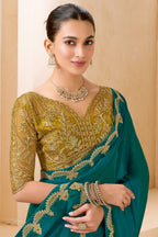 Teal Green Silk Saree Designer Embroidered Border Party Wear Saree