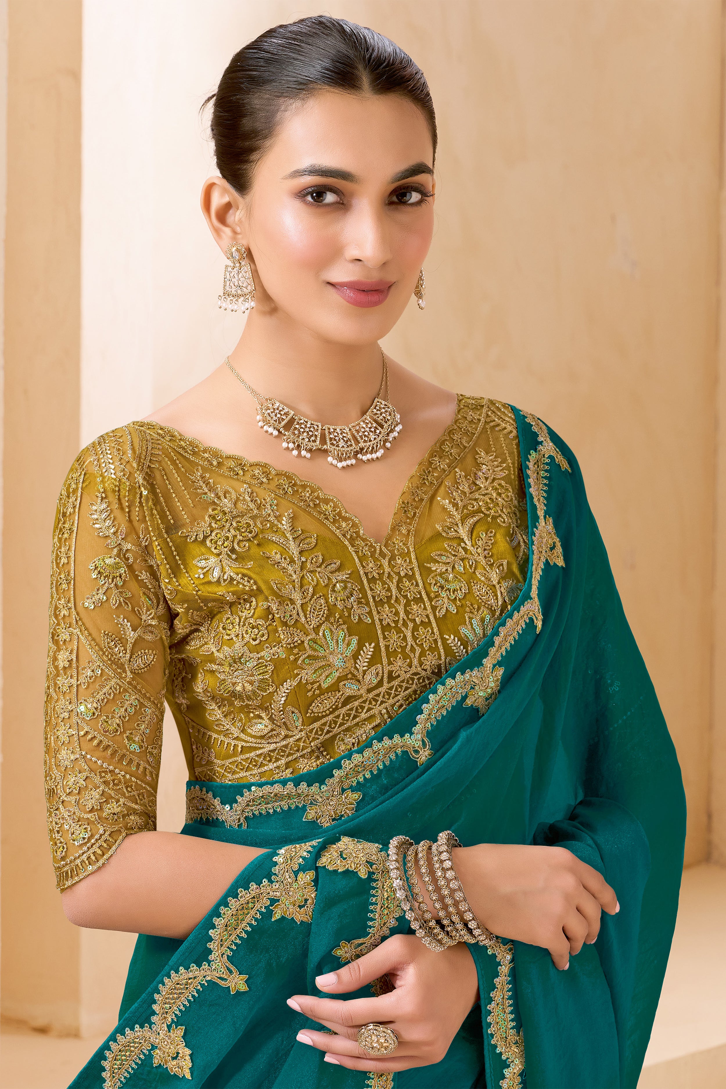 Teal Green Silk Saree Designer Embroidered Border Party Wear Saree
