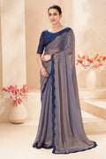 Grey Silk Saree Navy Blue Designer Embroidered Border