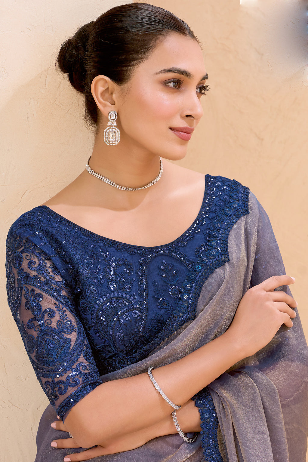 Grey Silk Saree Navy Blue Designer Embroidered Border