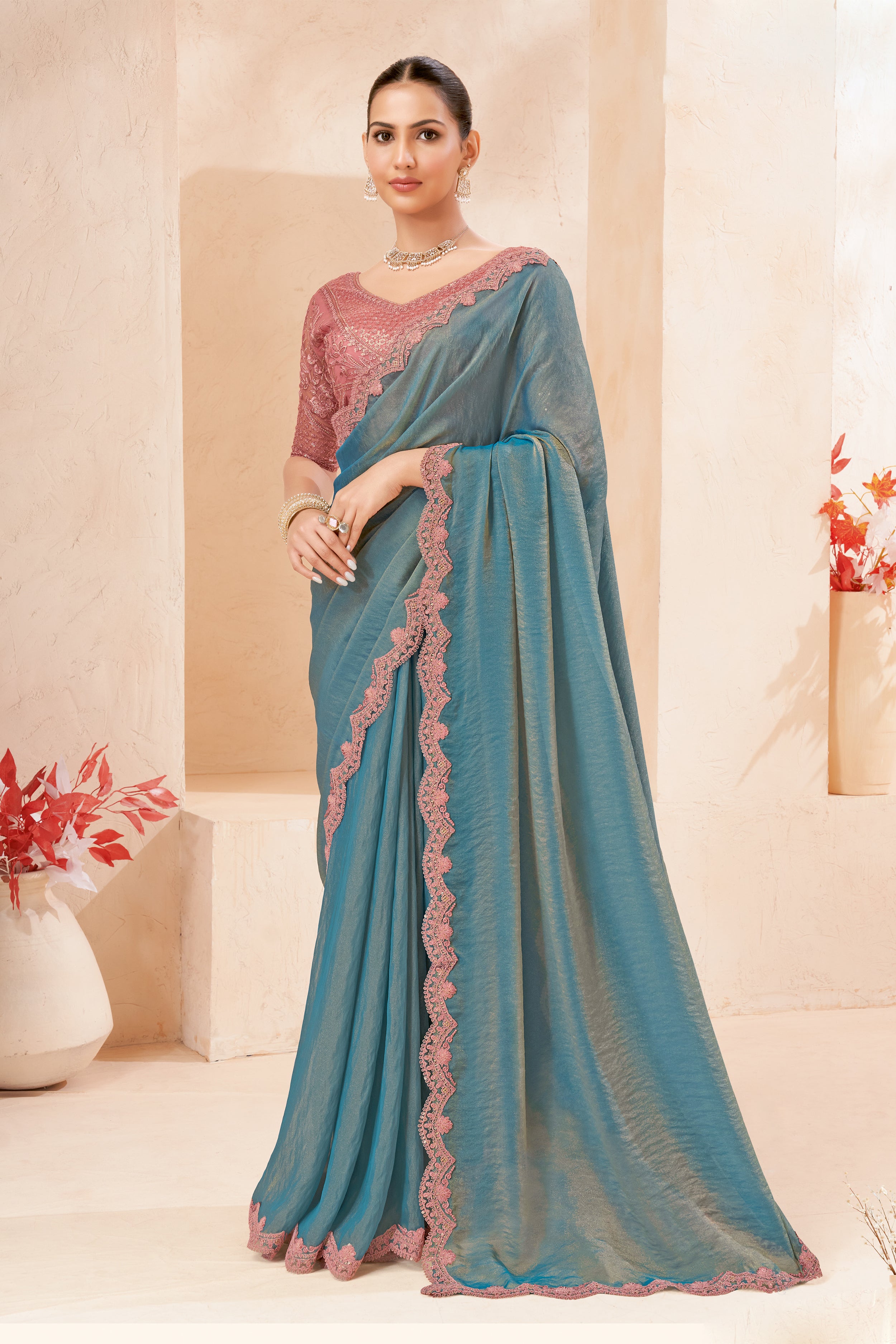 Dusty Blue Silk Saree with Pink Designer Embroidered Border