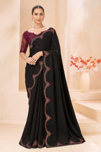 Black Silk Saree with Wine Designer Embroidered Border