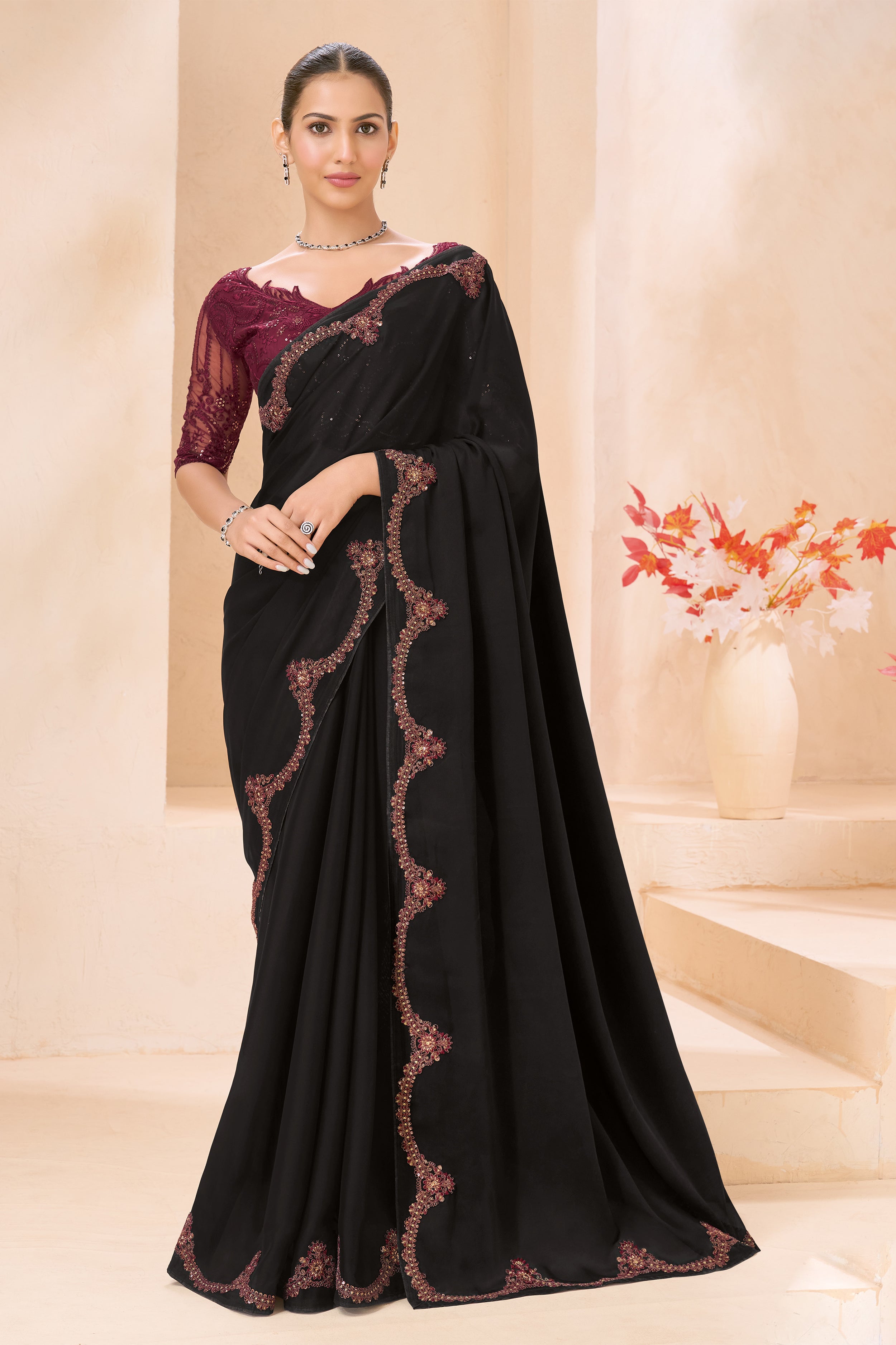 Black Silk Saree with Wine Designer Embroidered Border