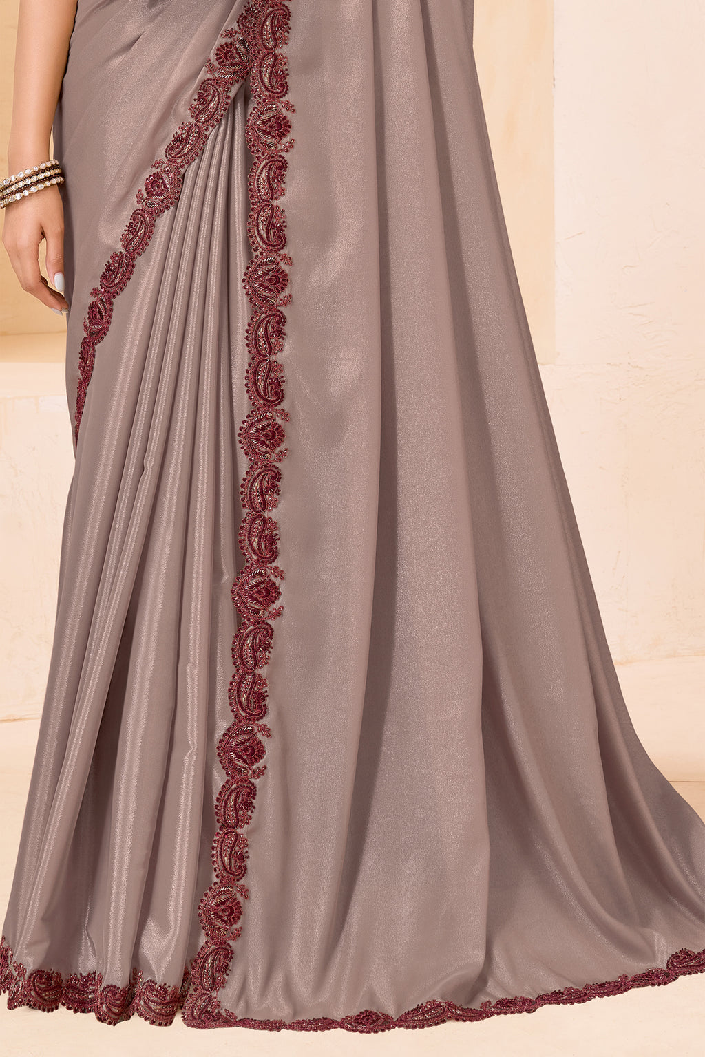 Taupe Grey Silk Saree with Wine Designer Embroidered Border