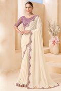 Cream Embroidered Designer Saree with Lavender Blouse